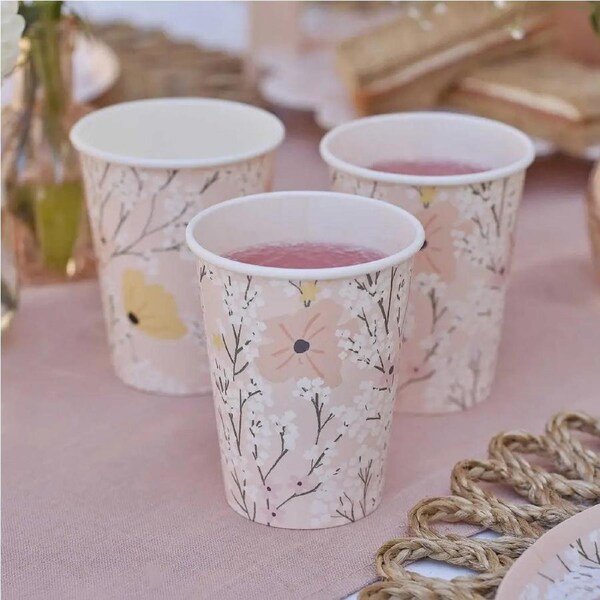 Birthday Bloom Pink Floral Paper Cups 8pk