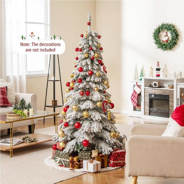Costway 1.8M Snowy LED Pre-Lit Christmas Tree w/Remote Control Full Spruce 3 Mode Xmas Decoration Slim Tree Gift