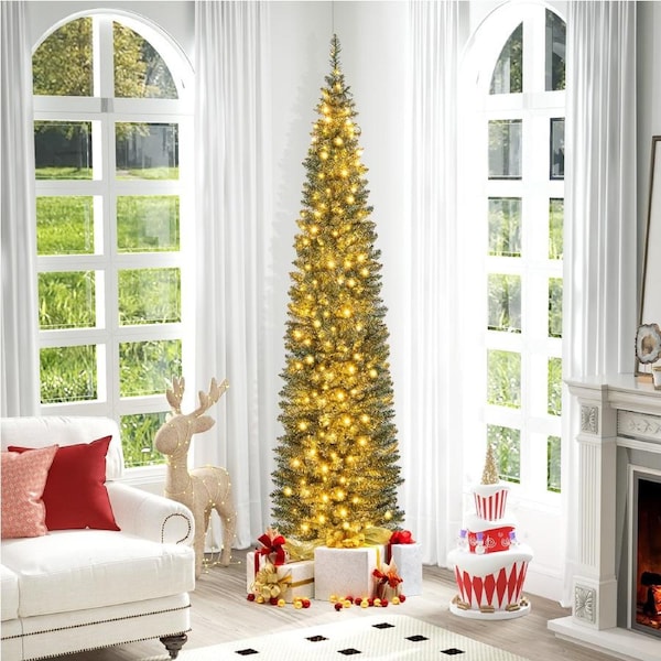 Costway 2.1M Christmas Tree 499 Tips Pre-lit Pencil Tree Xmas Artificial Decor Home Office Party