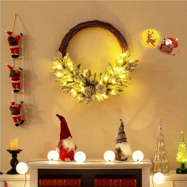 Costway Snow Flocked Pre-lit Xmas Hoop Wreath w/35 LED Lights Christmas Door Wreath White
