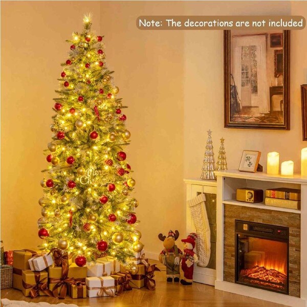 Costway 1.9M Flocked Christmas Tree w/Pine Needles & 580 PE PVC Branch Tips Hinged Artificial Xmas Tree