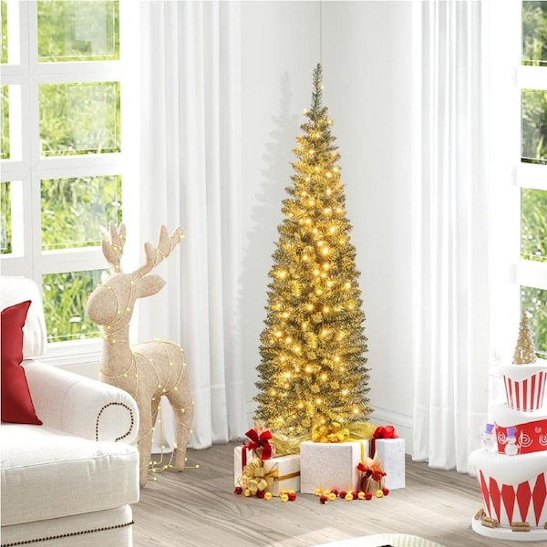 Costway 1.5M Christmas Tree 296 Tips Pre-lit Pencil Tree Xmas Artificial Decor Home Office Party