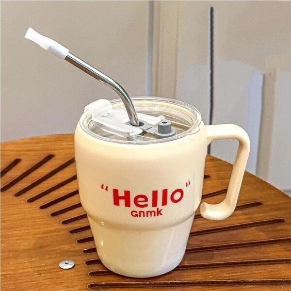 400ml Beige Coffee Mug with Handle & Straw Travel Tumbler Cup