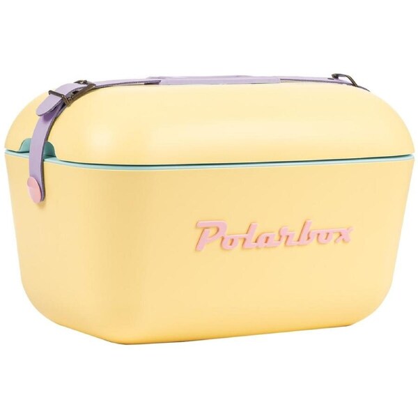 Polarbox Rainbow 12L Cooler Yellow with Lilac Strap and Rose Logo & Rivet