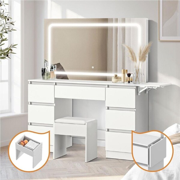 Oikiture Dressing Table Storage Stool Set LED Makeup Mirror Vanity Desk 7 Drawers
