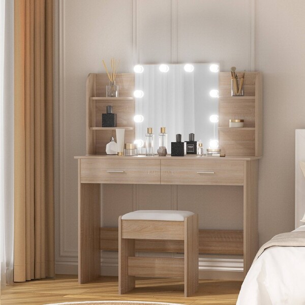 Artiss Dressing Table Stool Set Vanity Desk 10 LED Bulbs Makeup Mirror Lights Storage Drawers Wood