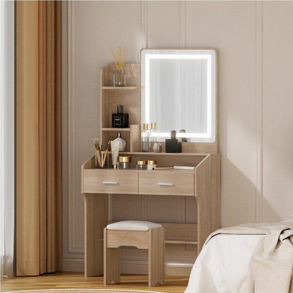 Artiss Dressing Table Stool Set Vanity Desk Makeup Mirror LED Light Storage Drawers Wood