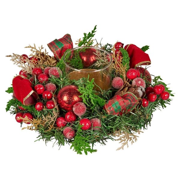 Christabelle 26cm Christmas Centrepiece Lush Green Holiday Display w/Red Berries & Hurricane Candle Holder Pre-decorated for Dining Table Console