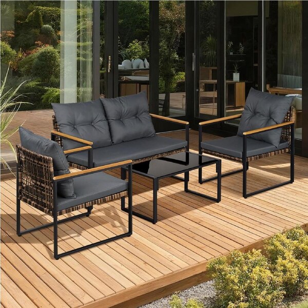 ACA Polypropylene Rattan Sofa Set Garden Lounge Setting Chair Table Outdoor Furniture Beige