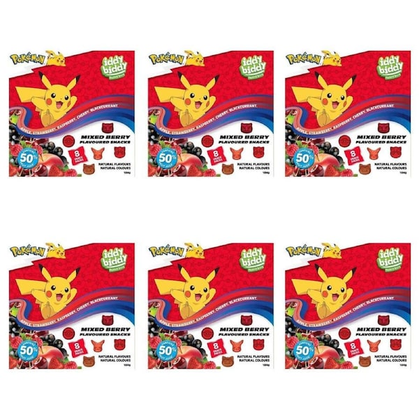 6x 8pc Hot Shots Pokemon Iddy Biddy Mixed Berry Fruit Flavoured Snack Packs 184g