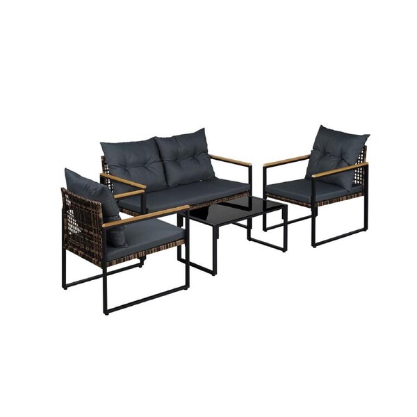 4PCS Beige Outdoor Furniture Sofa Set Rattan Lounge Sofa Patio Furniture Setting Table Chairs