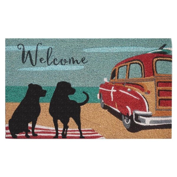 Door Mat Deluxe Coir Latex Dog Old Car Beach Coastal Surf 45 X 75 Cm Doormat