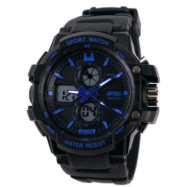 Dual Display Watch Outdoor Sports Mountaineering Waterproof Electronic Watch Student Multi functional Trendy Diving Watch Plastic Watch 0990-blue