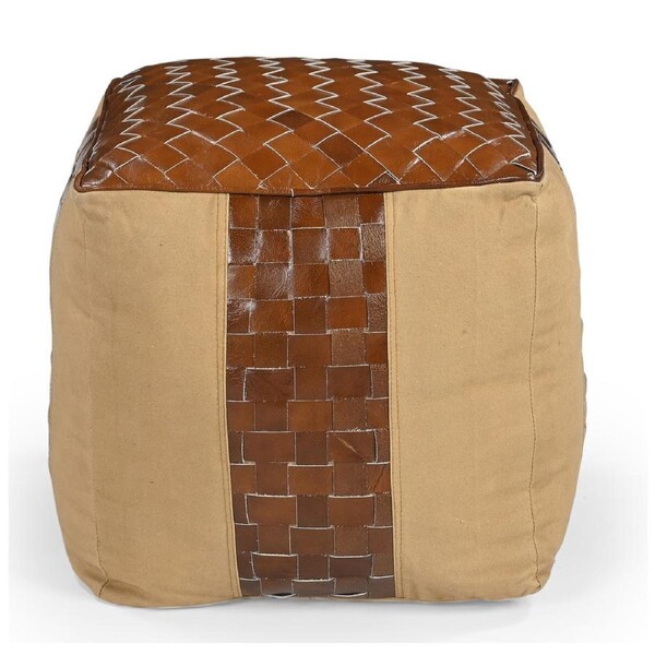 Genuine Leather And Canvas Ottoman 45x45x43cm