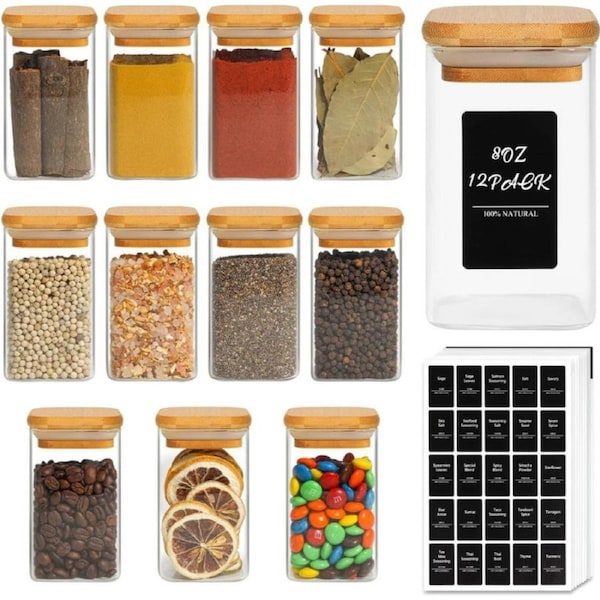 ComSaf 12Pcs Glass Spice Jars with Bamboo Lid, 8oz(240ml) Airtight Square Containers with 275 Black Lables, Empty Seasoning Jars for Spice Salt Sugar