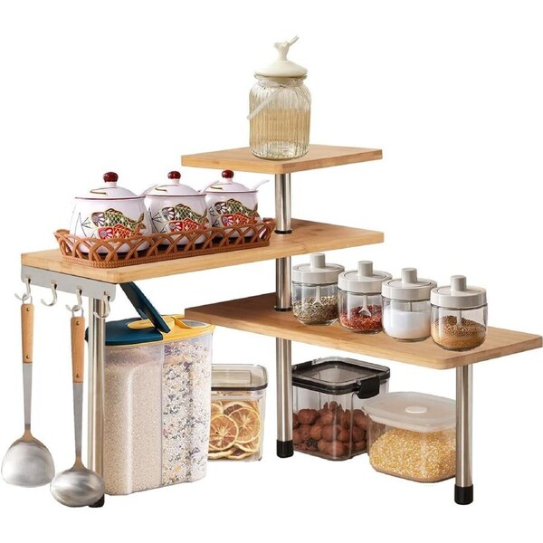3 Tier Corner Shelf Kitchen Spice Rack Organiser with Hooks for Home Storage & Organisation