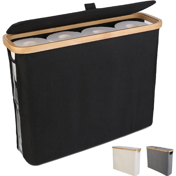 Toilet Paper Storage Basket Holds Up to 12 Rolls with Bamboo Lid and Handle for RV Closet (Black)