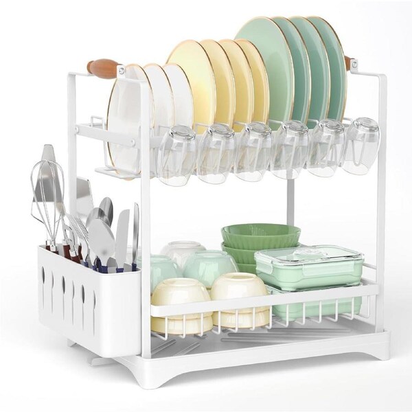 2-Tier Large Dish Drying Rack with Drainboard, Utensil Holder, Glass Hooks & Cutlery Storage (White)