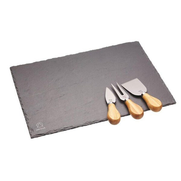 Artesa Rustic Slate Cheese Platte w/Stainless Steel Knife Set Wooden Handle
