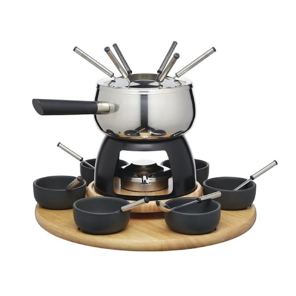 Artesa Six Person Party/Entertaining Fondue Set w/Wooden Base Serving Bowls