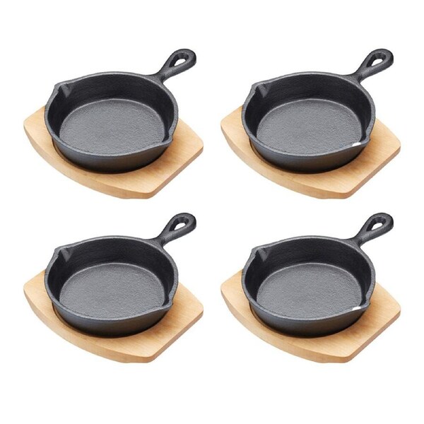 4PK Artesa Cast Iron Round Small Fry Pan/Serving Skillet w/Wooden Board 15cm
