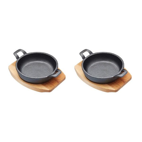 2PK Artesa Cast Iron Mini Gratin Dish/Serving Skillet w/Maple Wood Board 12.5cm
