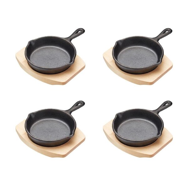 4PK Artesa Cast Iron Round Small Fry Pan/Serving Skillet w/Wooden Board 11cm
