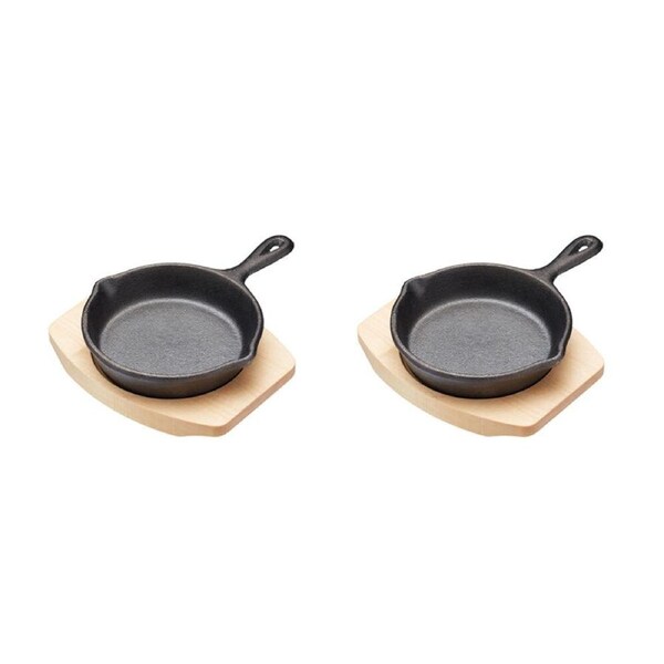 2PK Artesa Cast Iron Round Small Fry Pan/Serving Skillet w/Wooden Board 11cm