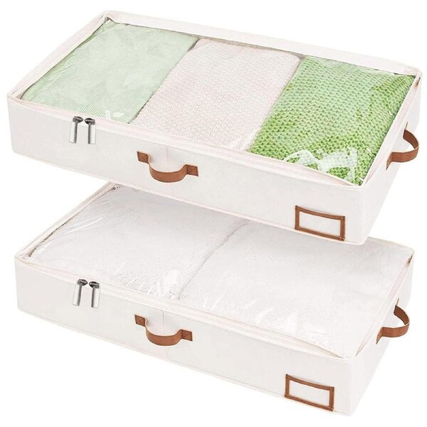 2 Pack Large Under Bed Storage Boxes Dustproof Clothes Storage Bag with Clear Lid/Zipper/Handles For Clothes Blankets Bedding Organizer 85x45x15cm Beige