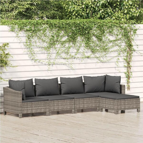 5 Piece Garden Lounge Set with Cushions Grey Poly Rattan vidaXL