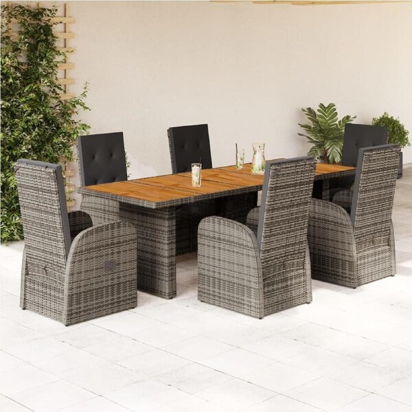 7 Piece Garden Dining Set with Cushions Grey Poly Rattan vidaXL