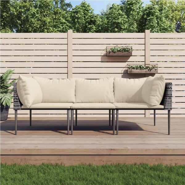 3 Piece Garden Lounge Set with Cushions Grey Poly Rattan vidaXL