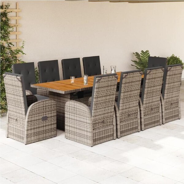 11 Piece Garden Dining Set with Cushions Grey Poly Rattan vidaXL