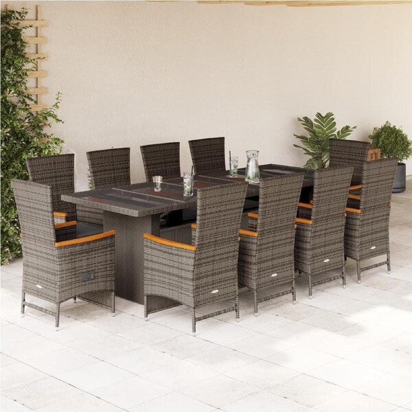 11 Piece Garden Dining Set with Cushions Grey Poly Rattan vidaXL