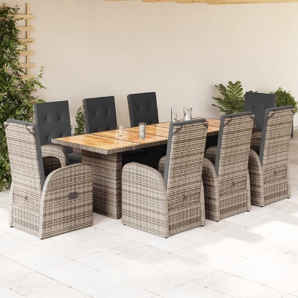 9 Piece Garden Dining Set with Cushions Grey Poly Rattan vidaXL