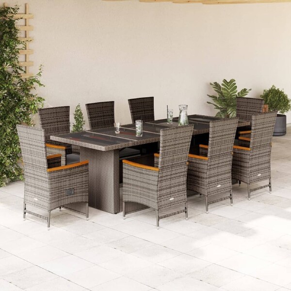9 Piece Garden Dining Set with Cushions Grey Poly Rattan vidaXL