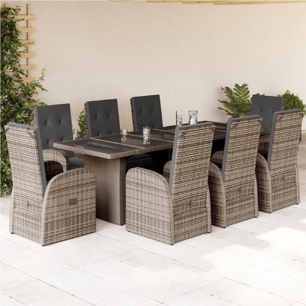 9 Piece Garden Dining Set with Cushions Grey Poly Rattan vidaXL