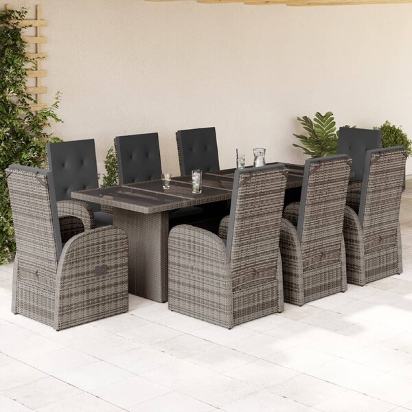 9 Piece Garden Dining Set with Cushions Grey Poly Rattan vidaXL