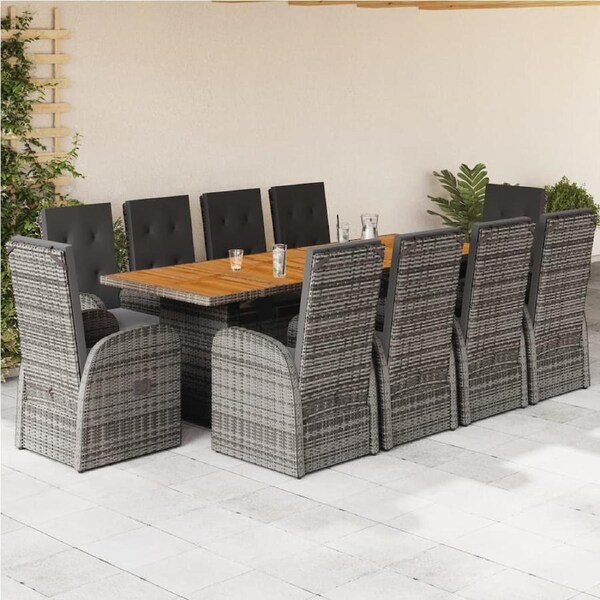 11 Piece Garden Dining Set with Cushions Grey Poly Rattan vidaXL