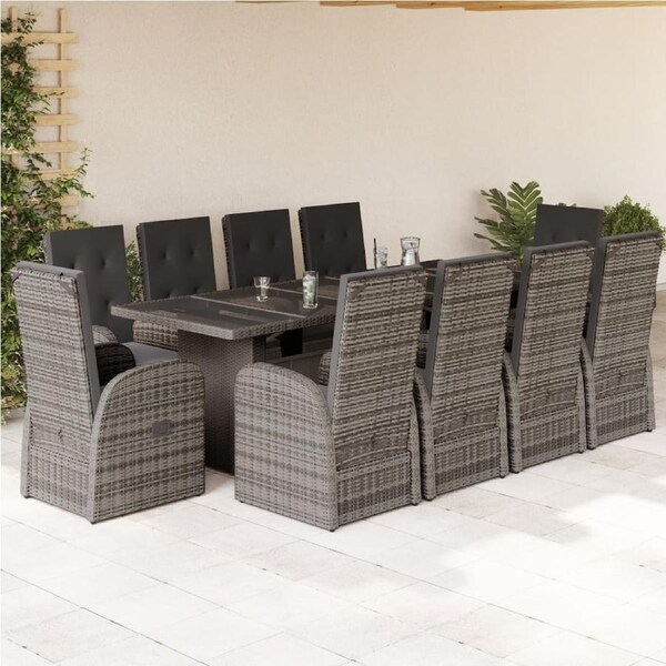 11 Piece Garden Dining Set with Cushions Grey Poly Rattan vidaXL
