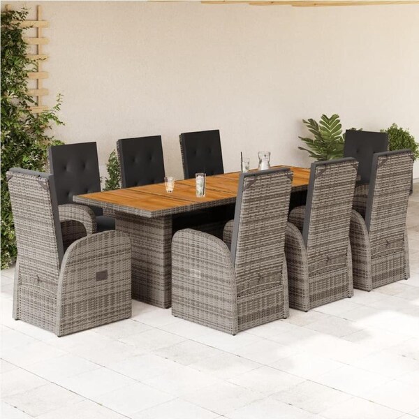 9 Piece Garden Dining Set with Cushions Grey Poly Rattan vidaXL
