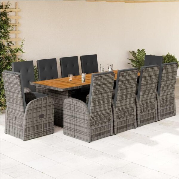 11 Piece Garden Dining Set with Cushions Grey Poly Rattan vidaXL
