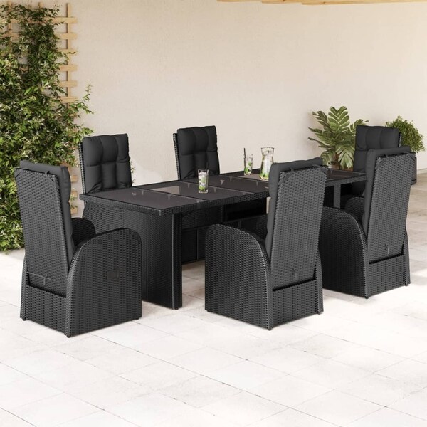 7 Piece Garden Dining Set with Cushions Black Poly Rattan vidaXL