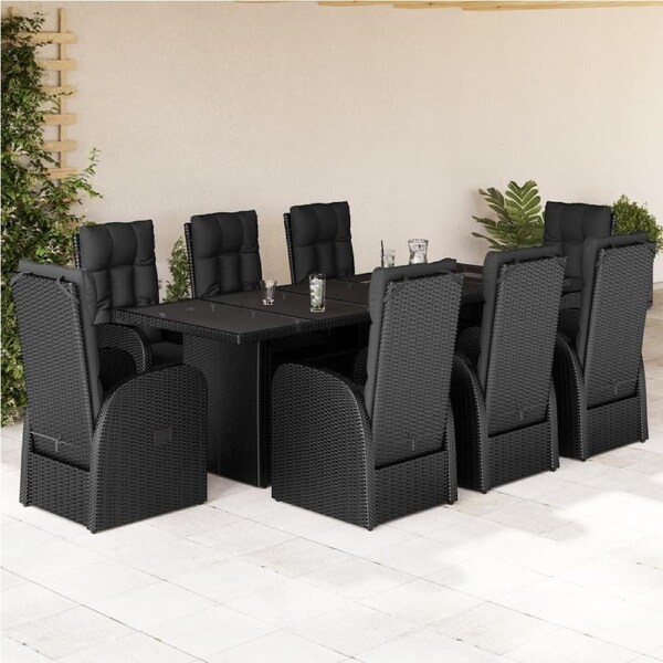 9 Piece Garden Dining Set with Cushions Black Poly Rattan vidaXL