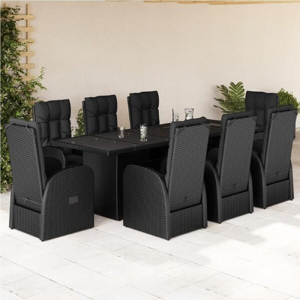 9 Piece Garden Dining Set with Cushions Black Poly Rattan vidaXL