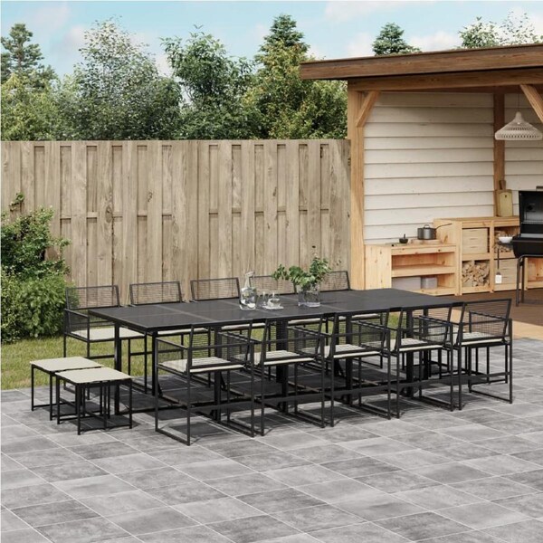 15 Piece Garden Dining Set with Cushions Black Poly Rattan vidaXL