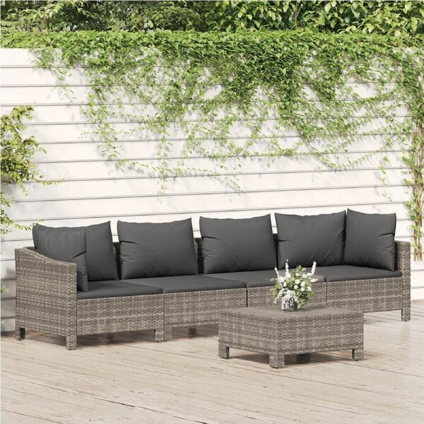5 Piece Garden Lounge Set with Cushions Grey Poly Rattan vidaXL