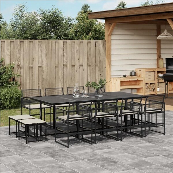13 Piece Garden Dining Set with Cushions Black Poly Rattan vidaXL