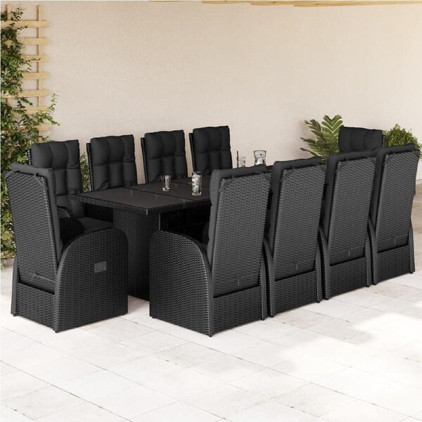 11 Piece Garden Dining Set with Cushions Black Poly Rattan vidaXL