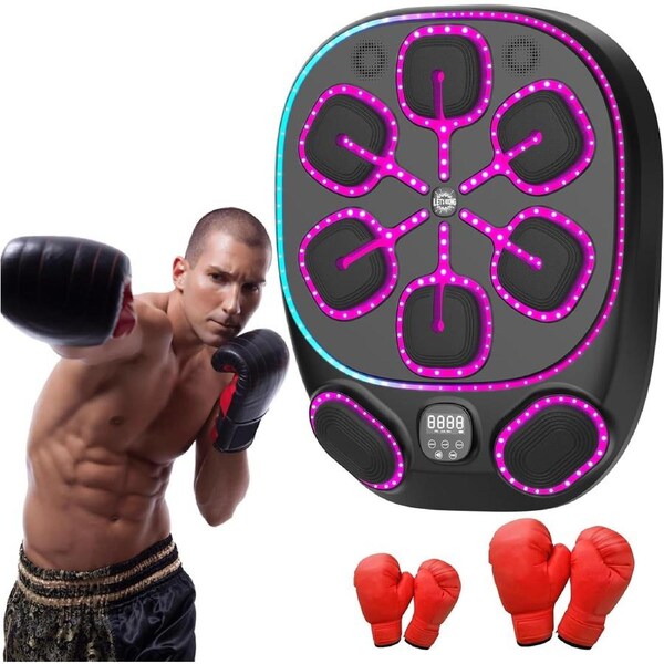 JOYBUY Music Boxing Machine with 6+2 Hitting Surfaces, LED Lights, 9 Speeds, Bluetooth – 60cm
